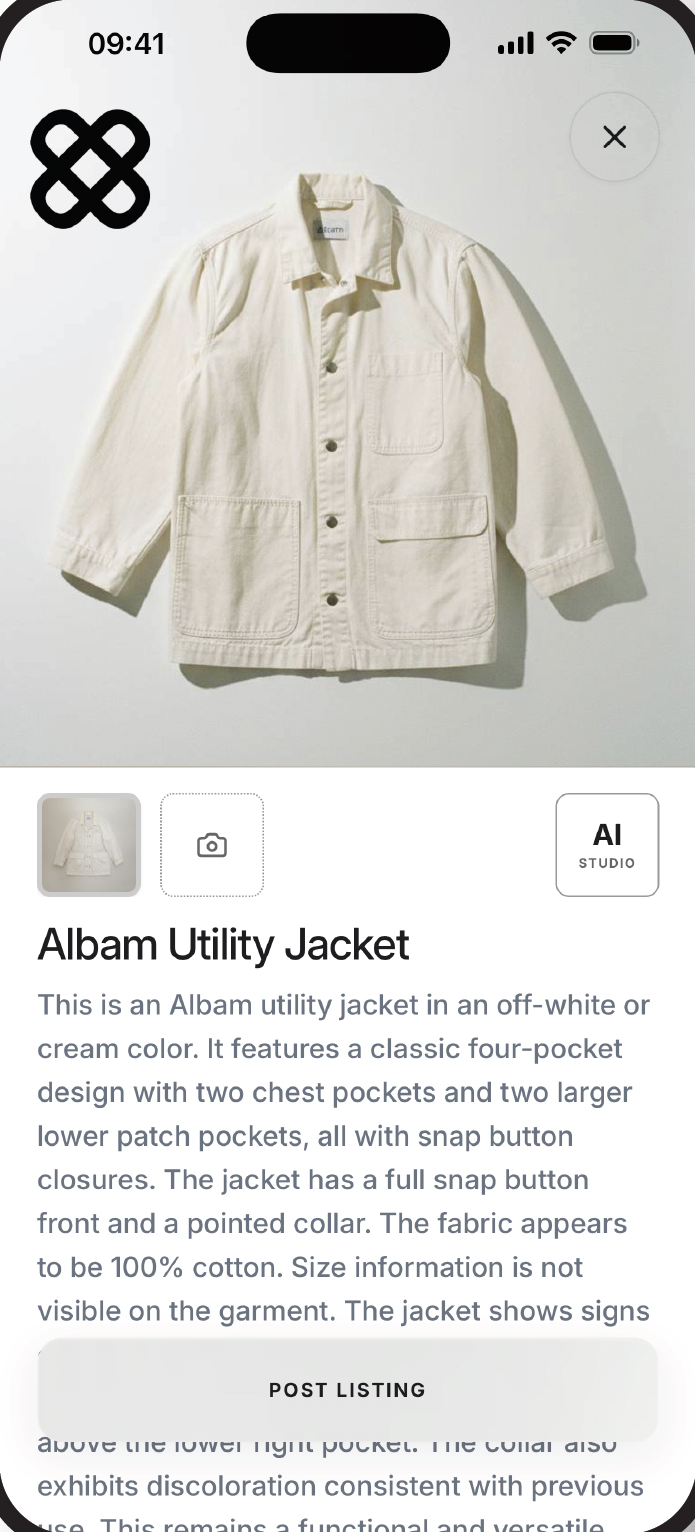 A DeClutter listing showing the studio image, retail and resale price, product name and description