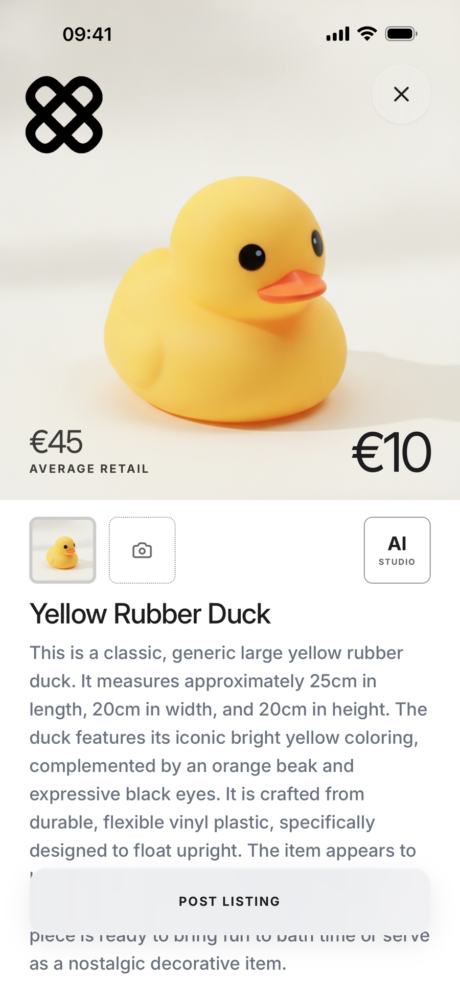 A DeClutter listing generated from one photo, showing the product, its average retail price and its resale price