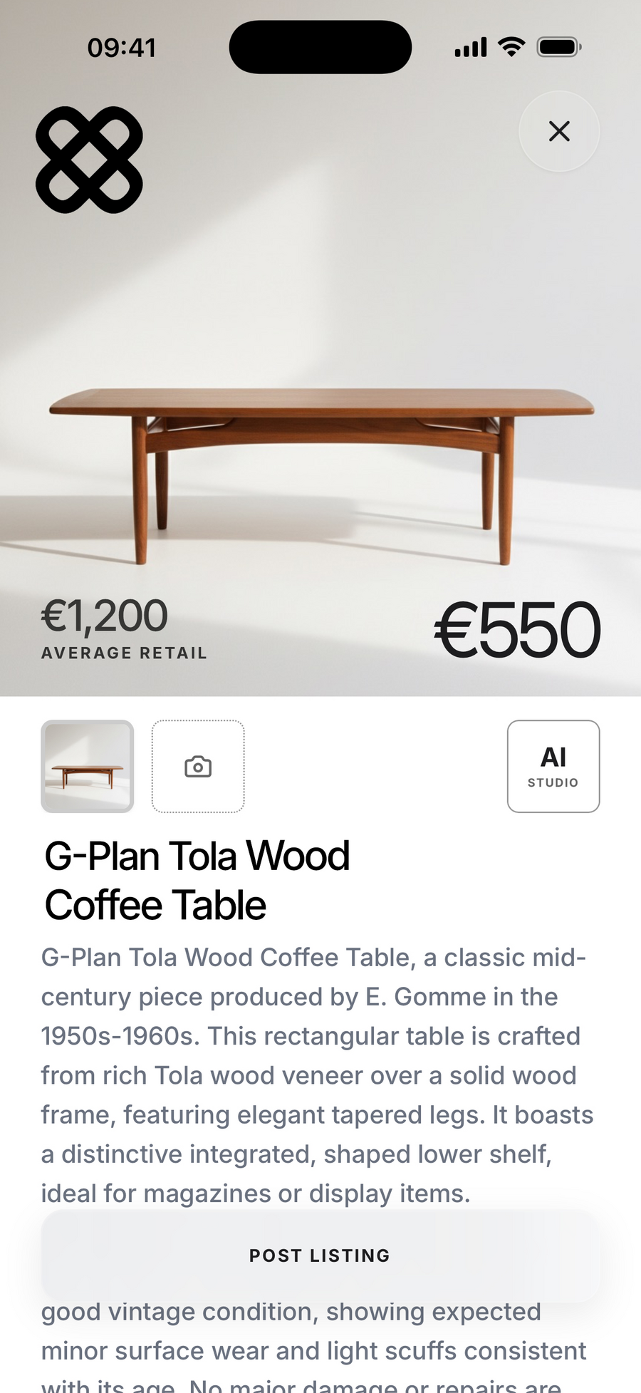A DeClutter listing generated from one photo, showing the product, its average retail price and its resale price